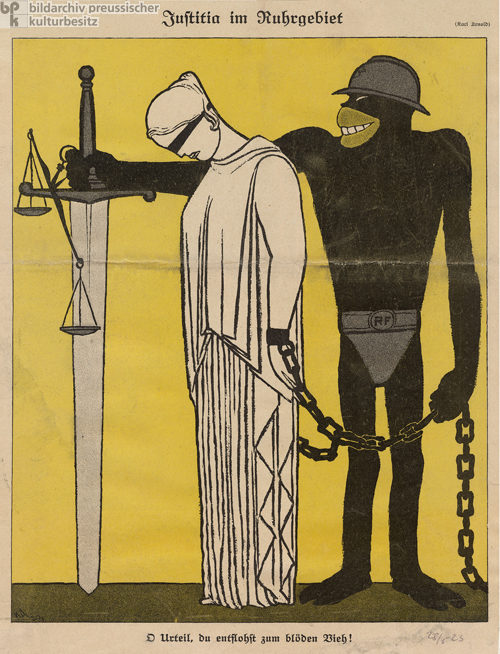 „Justitia im Ruhrgebiet”, Karikatur aus dem <I>Simplicissimus</i> (Mai 1923)