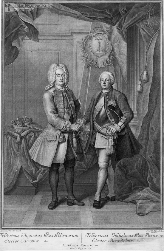 August II. („der Starke”) von Polen mit Friedrich Wilhelm I. (dem „Soldatenkönig”) im Jahre 1728 (ca. 1730)