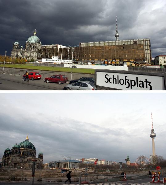 Der Berliner Schlossplatz vor und nach dem Abriss des Palastes der Republik (24. Oktober 2002/2. Dezember 2008)