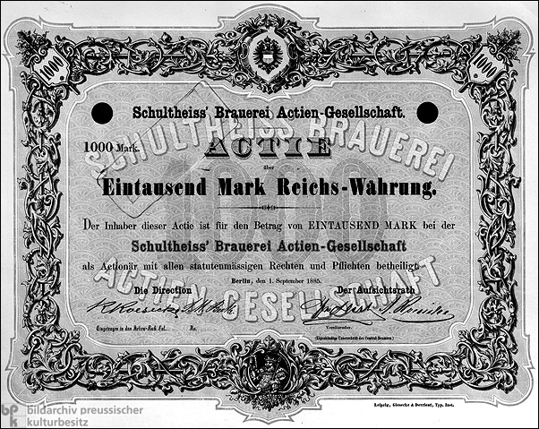 Aktie über 1000 Mark Reichs-Währung (1. September 1885)