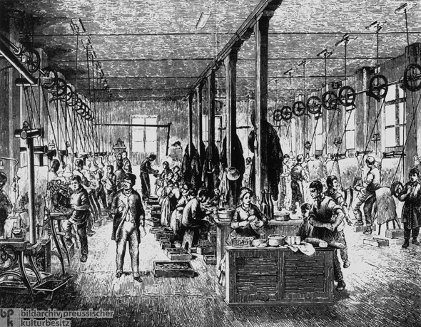Kinderarbeit in einer optischen Fabrik (um 1870)