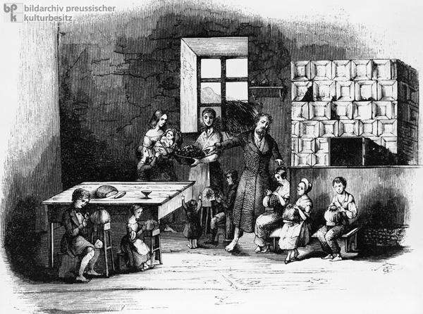 Kinderarbeit in Deutschland: In Rittersgrün im Erzgebirge verfertigen Kinder Klöppelspitzen in Heimarbeit (1847)