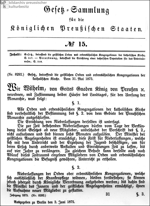 <i>Kulturkampf</i> Gesetzgebung (31. Mai 1875)