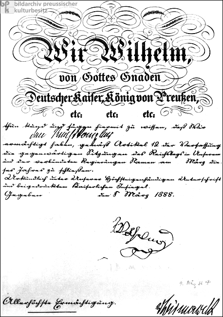 Kaiser Wilhelms I. letzte Unterschrift (8. März 1888)
