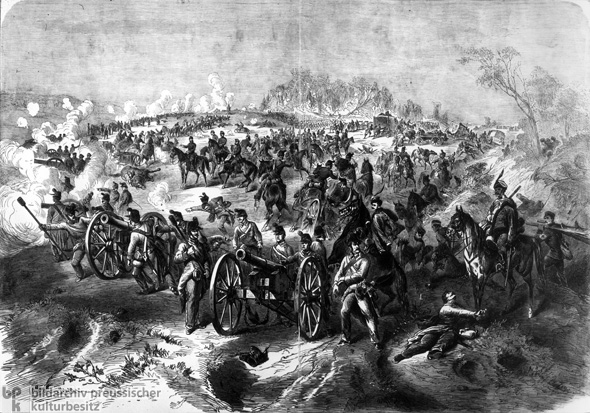 Österreichische und sächsische Batterien auf den Höhen von Problus (3. Juli 1866)