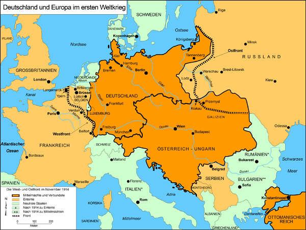 Karte Welt Europa 1. Weltkrieg