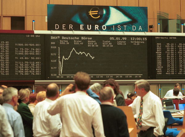 Frankfurter Börse nach der Einführung des Euro als Buchgeld (5. Januar 1999)