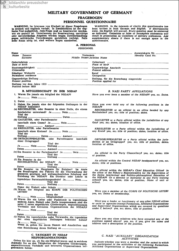 Denazification Questionnaire (1946)