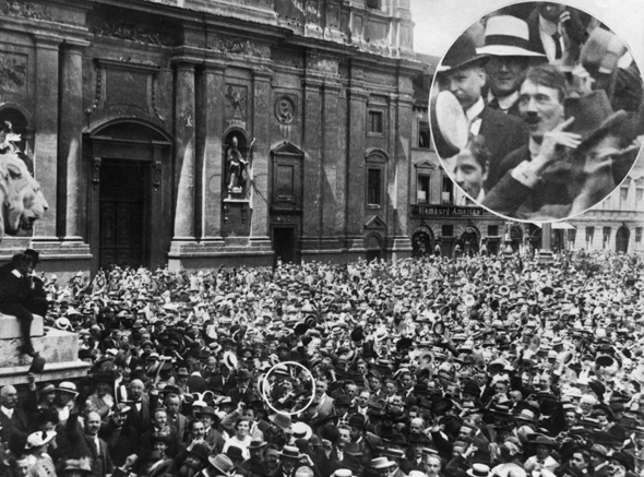 Mass Rally in Front of <I>Feldherrnhalle</i> [Field Marshals' Hall] in Munich – Adolf Hitler in the Crowd (August 2, 1914)