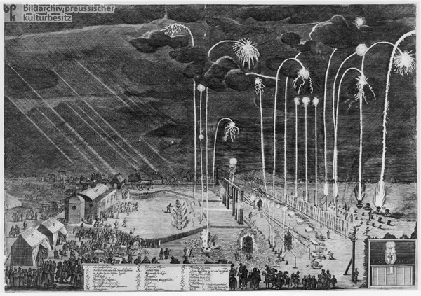 Feuerwerk in Nürnberg anlässlich der Einigung über die Durchführung des Westfälischen Friedens (1650)