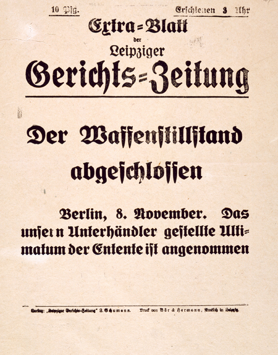 Extra-Blatt der <i>Leipziger Gerichts-Zeitung</i>: Der Waffenstillstand abgeschlossen (8. November 1918)