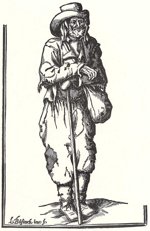 Bettler mit Stock und Leinentasche (17. Jahrhundert)
