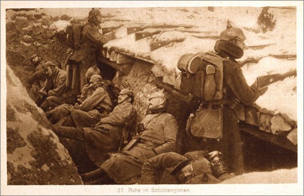Postkarte: Ruhe im Schützengraben (um 1914)