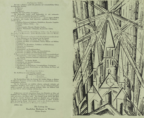 „Kathedrale”, Titelblatt von Lyonel Feininger für das Manifest und Programm des Staatlichen Bauhauses von Walter Gropius (1. April 1919)