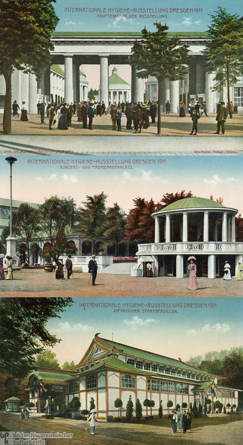 Internationale Hygiene-Ausstellung Dresden: Postkarten des Haupteingangs, des Konzert- und Promenadenplatzes und des japanischen Staatspavillons (1911)