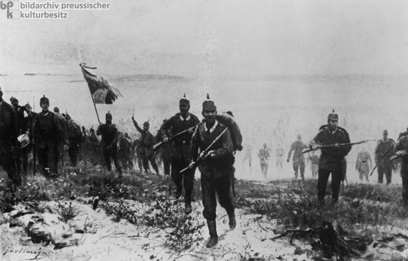 Young German Infantrymen March Singing into the Battle of Langemarck on November 10, 1914 (Undated Painting)