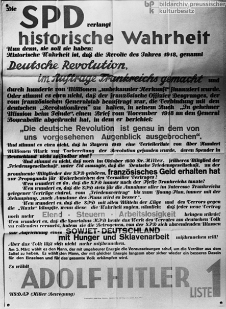 Reichstagswahl am 5. März 1933: Wahlplakat der Nationalsozialisten mit der Aufschrift „Die SPD verlangt historische Wahrheit” (1933)