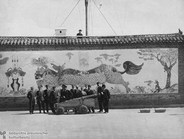 German Naval Officers Pose Behind a Chinese Cannon in Kiaochow (November 1897)