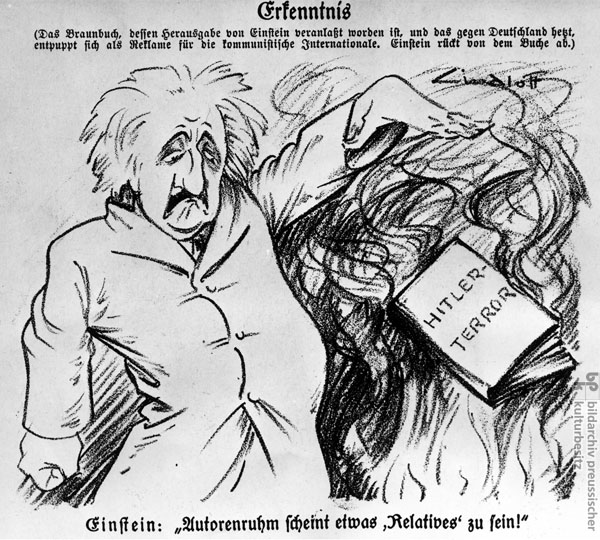 „Albert Einstein: Autorenruhm scheint etwas Relatives zu sein!” Karikatur auf Einsteins politische Tätigkeit, <i>Kladderadatsch</i>, Nr. 39 (September 1933)