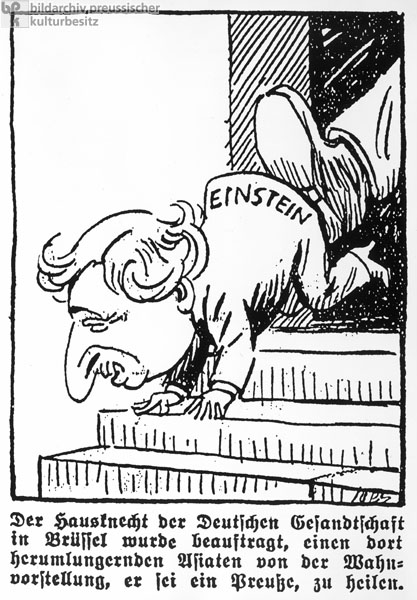 „Ein armer Irrer”: Karikatur Einsteins in Reaktion auf seinen Ausweisungsantrag, <I>Deutsche Tageszeitung</i> (1. April 1933)